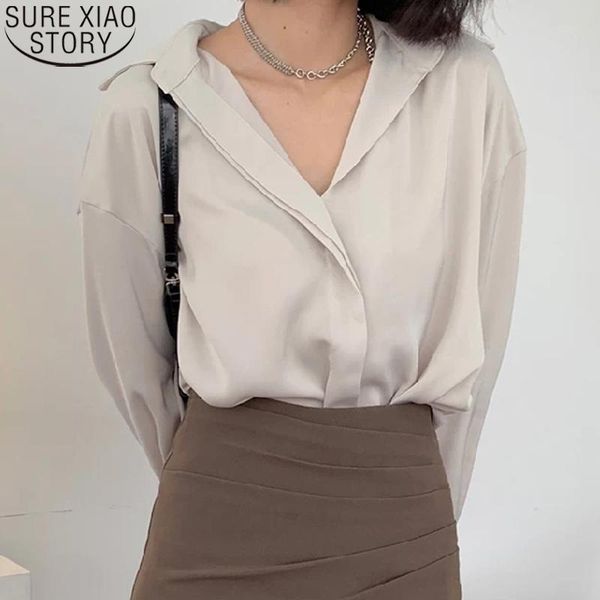 

t-shirt elegant office lady satin shirts women blouses 2022 autumn new fashion vneck solid long sleeve shirt blusa mujer 16884, White