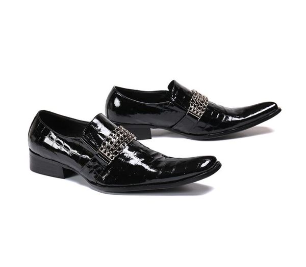 

cow leather pointed toe t stage shoes men fashion height increasing chains mens wedding dress shoes, Black