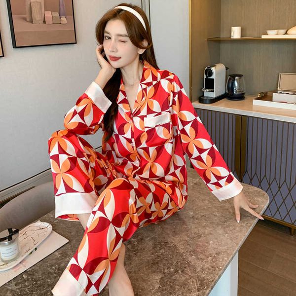 

ice silk pajamas women's long sleeves thin cardigan two piece set of small fragrance printed imitation home furnishings