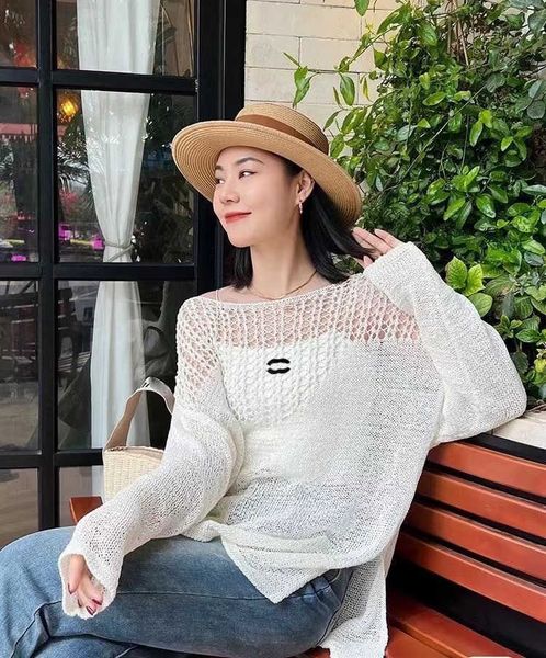 

23ss womens designer clothing womens knits long sleeve embroidery knitted hollow out sweater womens clothes, White