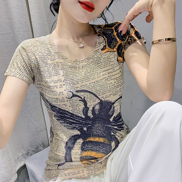 

women's tshirt 6271 summer printed mesh t shirt women short sleeve vintage tshirt female tight womens tee shirts thin elastic clothes r, White