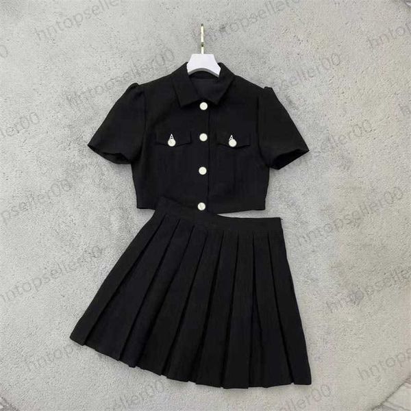 

womens designer two piece skirt set summer spring fashion casual elegant versatile hardware buckle design paired high waisted pleated half s, White