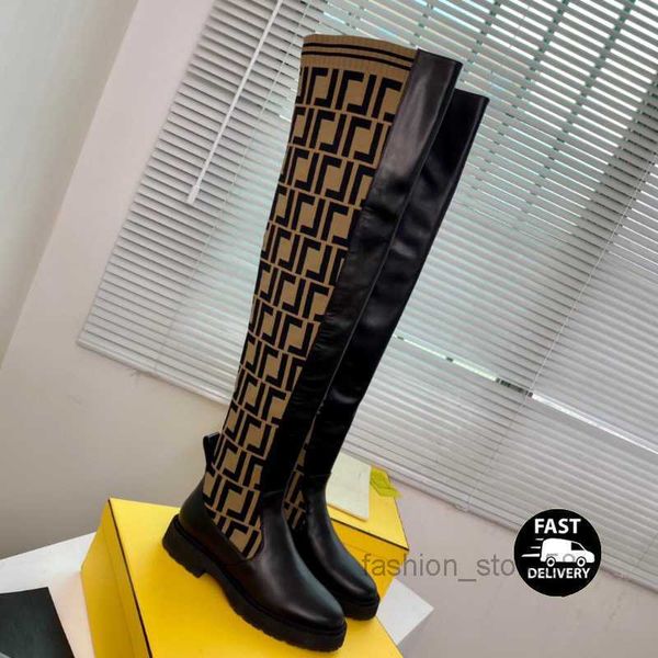 

zucca knitted sock-style flats tall boots rockoko -jacquard stretch fabric black leather over-knee- high boot for women luxury designer shoe