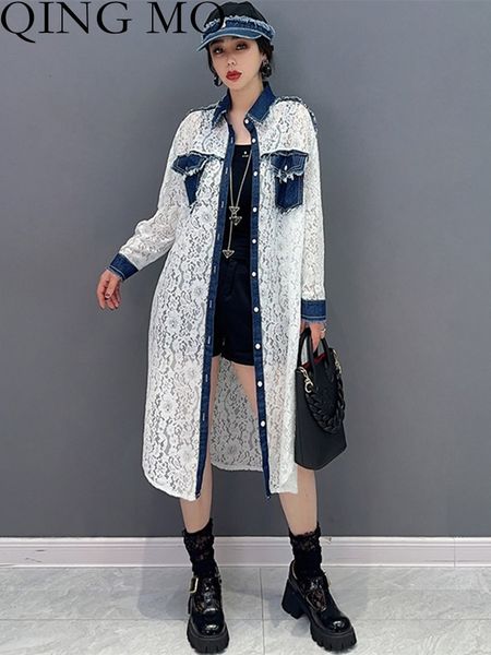 

women's jackets qing mo 2023 spring summer korean fashion trend lace matching denim large size windbreaker women trench coat zx927 2304, Black;brown