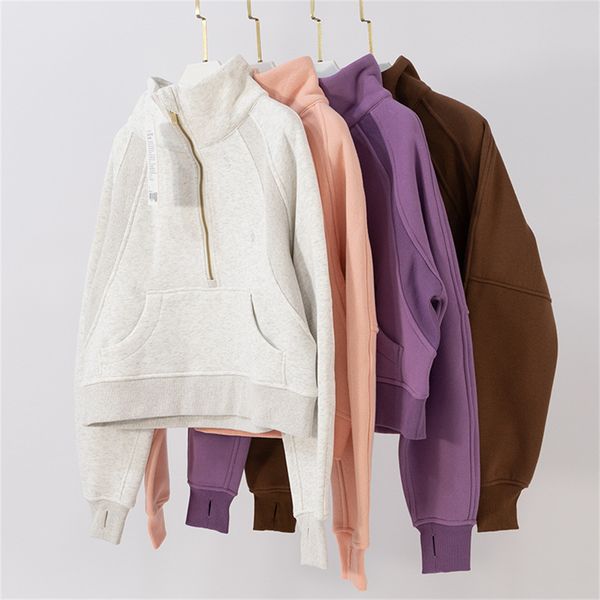 

autumn high neck gym jacket womens hoodies stand collar short style with fleece lined collar pullover half zipper sweatshirts lulu yoga outf
