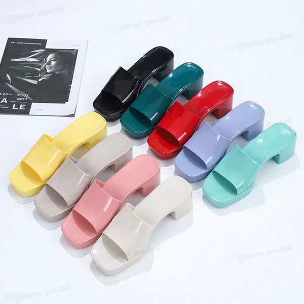 

2023 women rubber high heel slide slippers sandal transparent platform thick bottom lady sell well slipper pink green candy colors outdoor b, Black