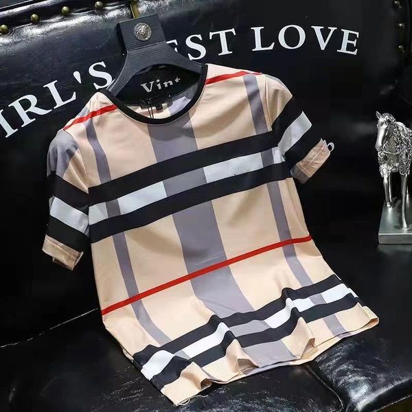 

2023 summer new men's t-shirts ice silk short-sleeved plaid printing letter printing designer youth trend large size s-xxxl, White;black