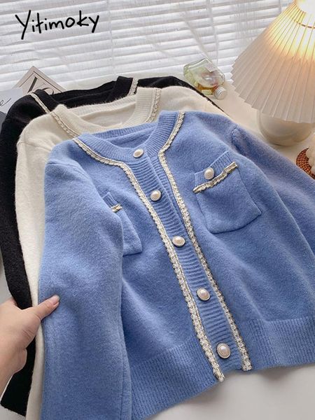 

sweaters yitimoky women knitted cardigan winter korean fashion 2022 fall clothing sweater patchwork pearls high street blue black, White;black