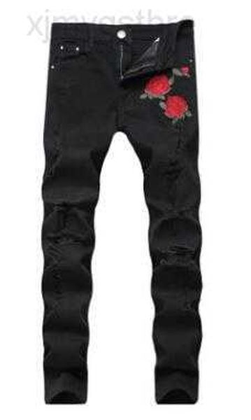 

rose embroidery jeans fashion blue black ripped male tide slim pants 1747h