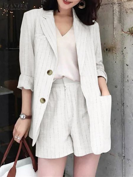 

dress elegant women striped blouse short sets two piece sets outifits zanzea fashion lapel neck long sleeve shirt loose matching sets, White