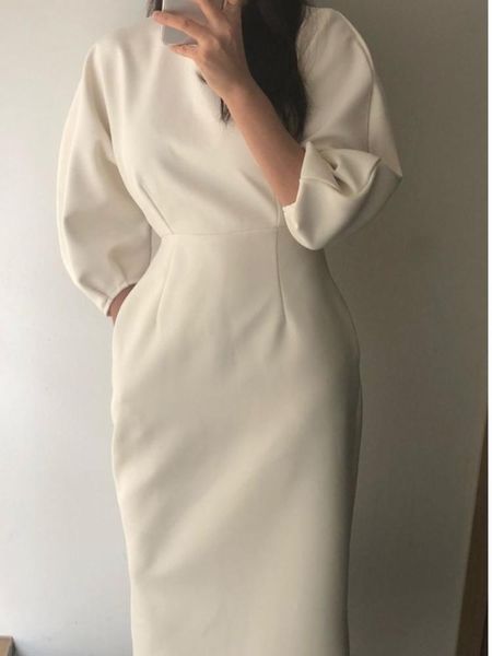 

dresses women's spring autumn elegant business midi white dress bat sleeve workwear bodycon slim black vestidos female fashion clothes, Black;gray
