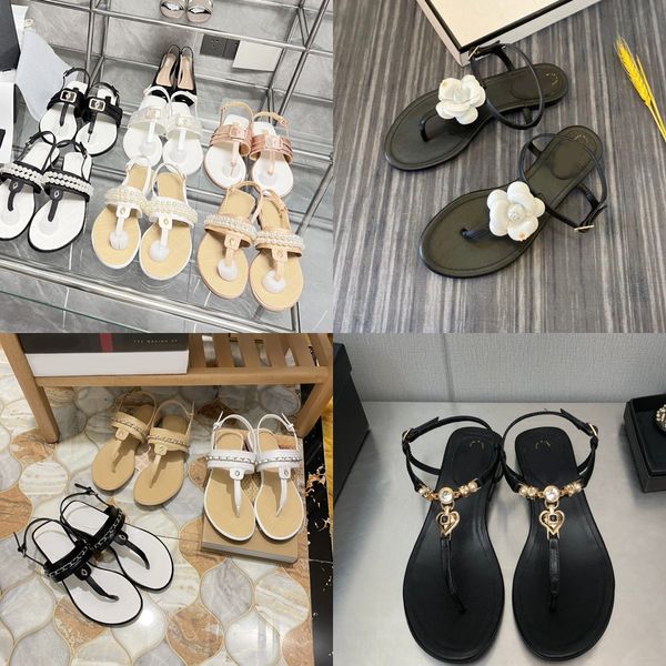 

2023 c branded lambskin flip flops crystal rhinestone thong sandal pearl chain camellia slides quilted slippers interlocking c slingback des, Black