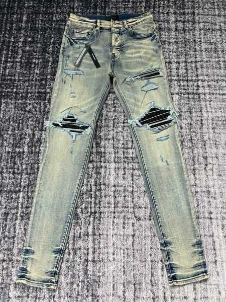 

mens jeans casual slim men designers jean stretch pants destroy the quilt ripped straight knee yellow leather retro hip hop street pant 4v71, Blue