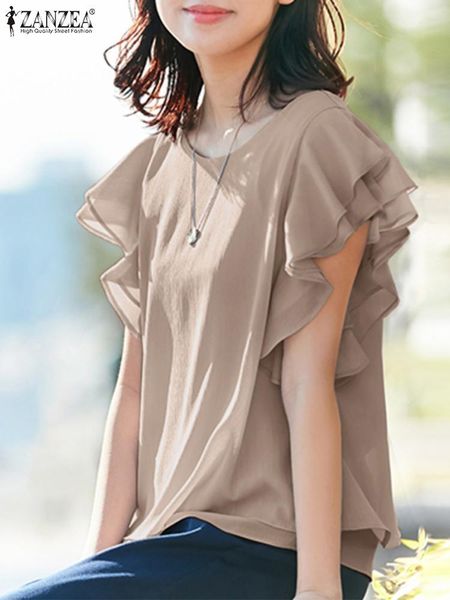

t-shirt zanzea ruffles sleeveless oneck double layer design women summer solid color blouse elegant casual loose holiday shirt, White