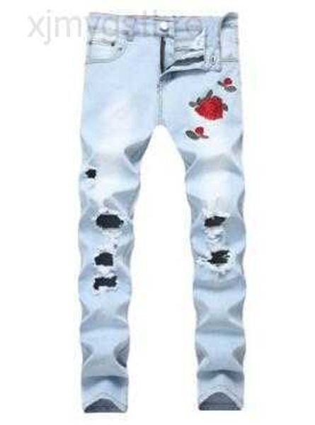 

rose embroidery jeans fashion blue black ripped male tide slim pants 27ox4