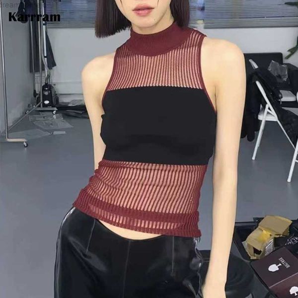 

karrram grunge patchwork tank hollow out turtleneck knitted vest y2k aesthetics harajuku tankkorean style sleeveless 0419, White