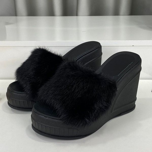

mink mule slippers slides sandals heeled wedges platform pumps heels 7cm open-toe women's luxury designers leather outsole evening casu, Black