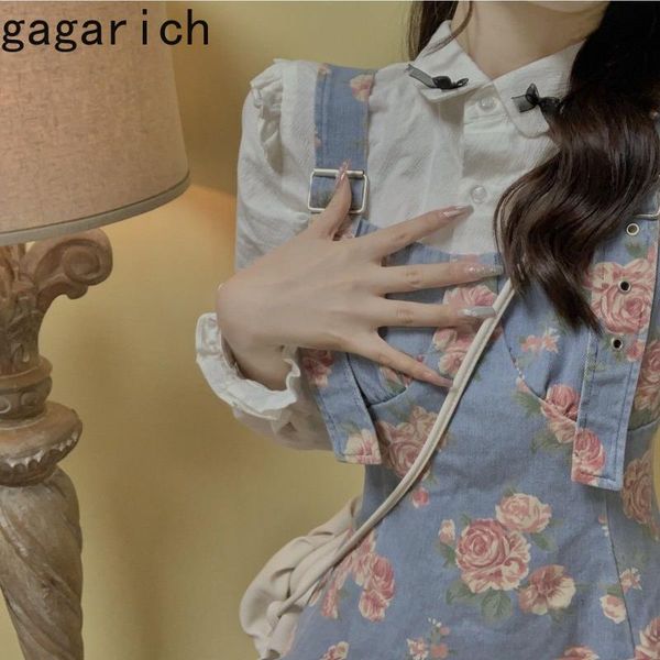 

dress gagarich summer sweet women 2 piece set fresh lolita denim floral strap retro mini short dress white shirt bow fashion