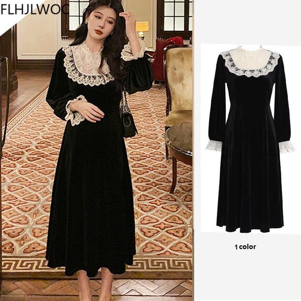 

dresses 2021 design fenimine vestidos women fashion patchwork vintage white lace stand collar french style long black dress, Black;gray