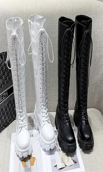 

thicken winter knight boots women knee high long square heel retro lace up motorcycle boots black white botas mujer 43 2208132143416