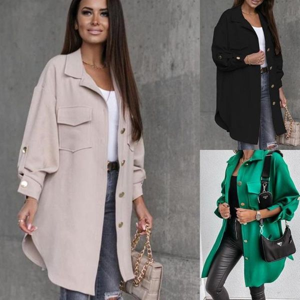 

fur duofan autumn women lapel single breasted jackets winter new casual solid shirts outwears lady button pocket long sleeve coats, Black