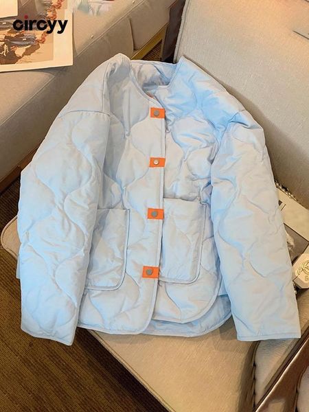 

leather circyy jacket women winter light blue plaid loose coat fashion parka autumn new thin cotton puffer casual single breasted clothe, Black