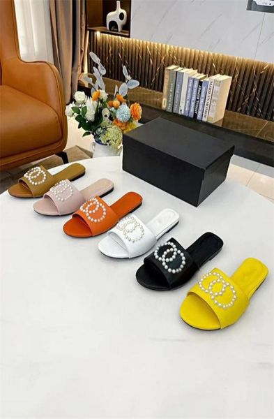 

womens flat slippers beach slide flip flop genuine leather mules lady luxury designer pearl sandals summer shoes size 35427841013, Black