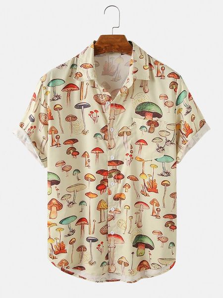 

men's casual shirts 2023 summer men hawaiian lapel chest pocket short sleeve colorful element mushroom pattern print button up shirt 23, White;black