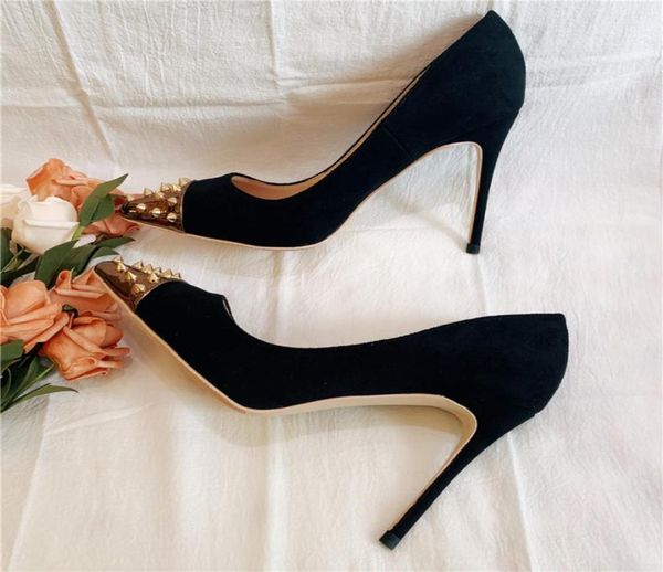 

fashion women pumps black suede shoes with head nail thin heel pumps gold studded spikes pointy toe high heels pearls shoe bride w2254146