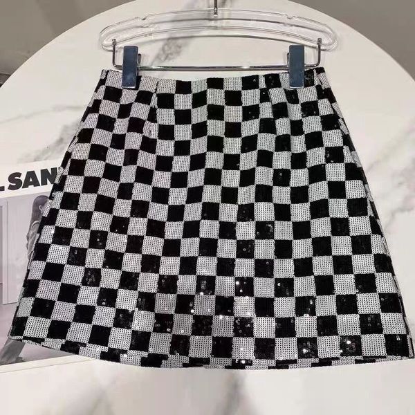 

skirts spring mini plaid fashion sequined white black plaid 230420