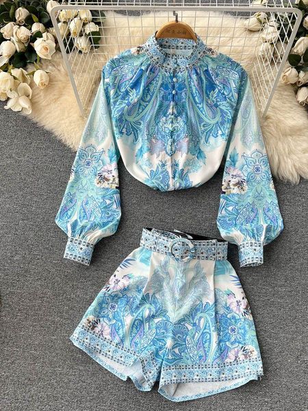 

dress runway 2 piece shorts set women stand collar long sleeve single breasted print blouses + mini pockets belt shorts suit n2159, White