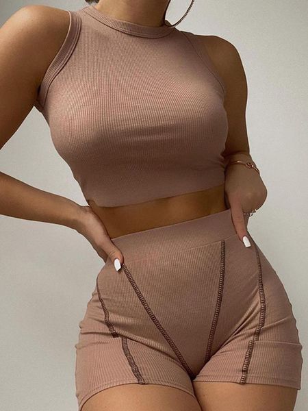 

dress 2 piece women casual tank summer crew neck thread high waist shorts set tank women, White