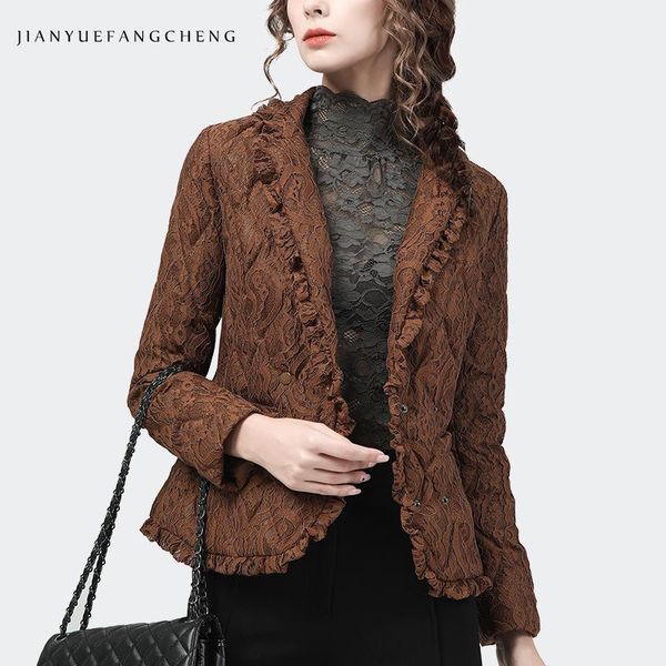 

parkas fashion lace fabric women winter short down jacket brown elegant suit collar ruffles warm thicken white duck down puffer coat, Black