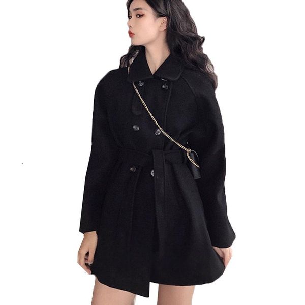 

fur women woolen coat fashion autumn winter jacket midlong double breasted belt black woolen windbreaker outerwear manteau femme