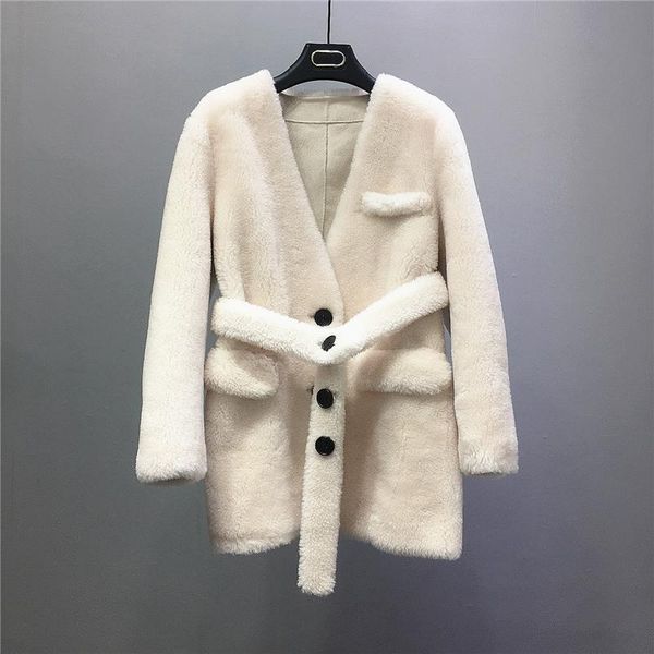 

fur oftbuy 2022 winter jacket women natural weave 100% wool fur real fur coat belt thick warm outerwear streetwear korea luxury, Black