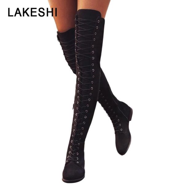 

lace up over knee boots women rome style boots women flats shoes woman suede long boots botas winter thigh high 35438269408, Black