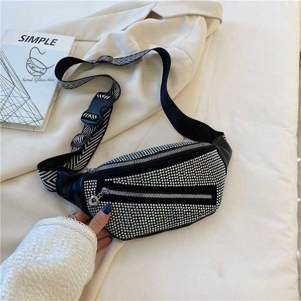 

evening bags luxury crystal diamonds pu leather waist bags for women trendy fanny pack female waist pack wide strap crossbody chest bag 2022