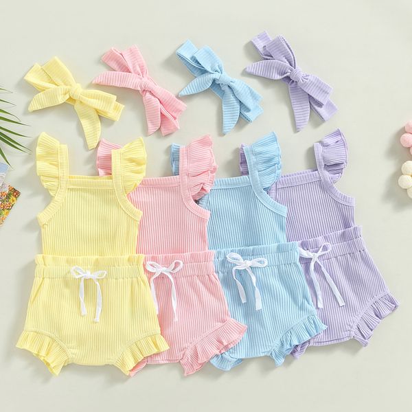 

clothing sets 0-18m summer lovely toddler baby girls boys clothes sets solid knit ruffles sleeve bodysuit romper shorts 2pcs clothes 230420, White
