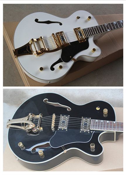 

white & black falcon jazz electric guitar g 6120 semi hollow body rosewood fingerboard golden tuners double f holes bigs tremolo bridge can
