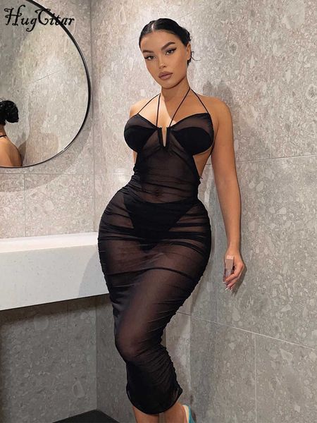 

casual dresses hugcitar mesh halter v neck sleeveless backless bandage see through folds mini dress slim summer fashion outfit beach club j2, Black;gray