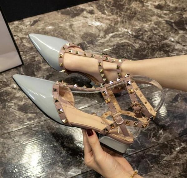 

women summer rivets dress shoes patent leather double belt buckle middle heel sandals chunky heel fashion lady pointed toes w1710275, Black