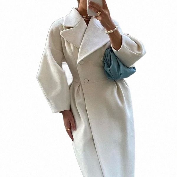

womens wool blends autumn lantern sleeve women woolen coat lapel doublebreasted office lady long jackets windbreaker thick streetwear female, Black
