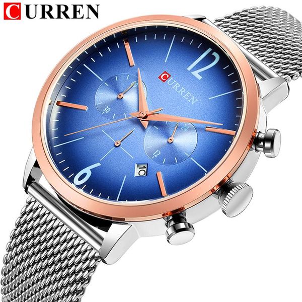 

curren fashion&casual chronograph sport mens quartz watches mesh steel band wrist watch display date clock relogio masculino330p, Slivery;brown