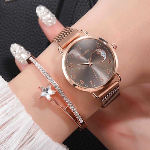 

wristwatches luxury women watches moon numbers dial bracelet watch set ladies magnetic quartz wristwatch female dress clock relogio feminino, Slivery;brown