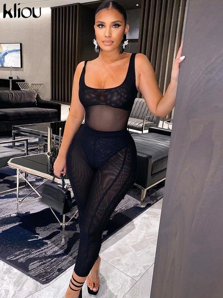 

pants kliou mesh patchwork see through two piece set women low neck sleeveless bodysuits+ high waist sheath pants clubwear suits, White