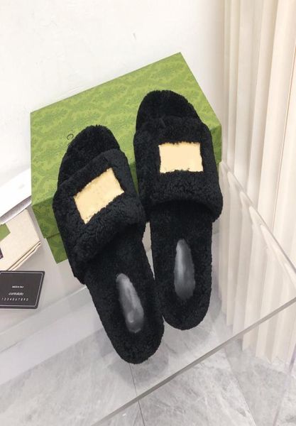 

slippers slides foam runners sandal designer sliders designers wool fur women shoes solid soft leather flat bottom comfort fashion7685543, Black