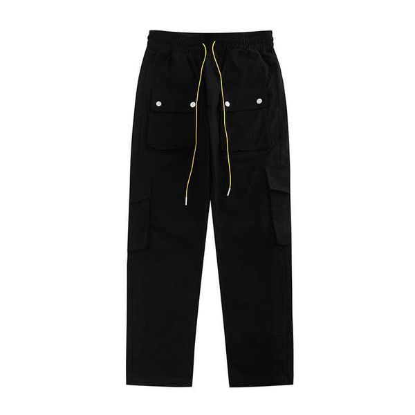 

designer clothing casual pant rhude pants trend brand multi pocket military work style loose breasted straight tube casual pants fog streetw, Black