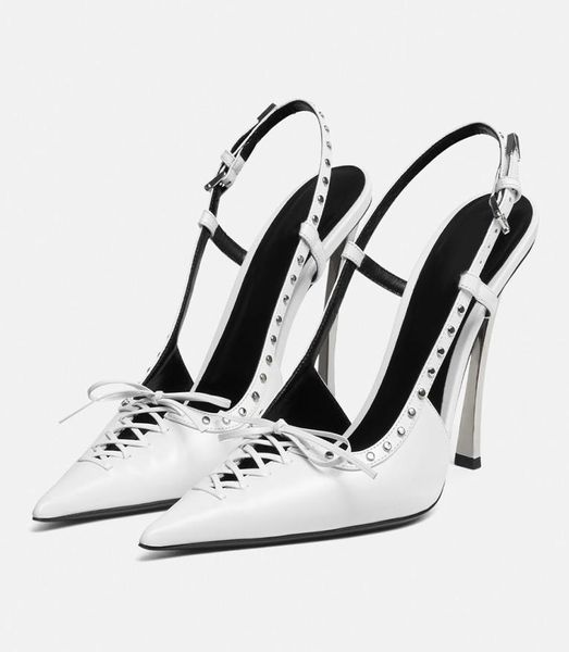 

the latest sandals cross tie bowknot pointed high heels willow nail embellished patent leather metal heel personality 10cm formal 9836209, Black