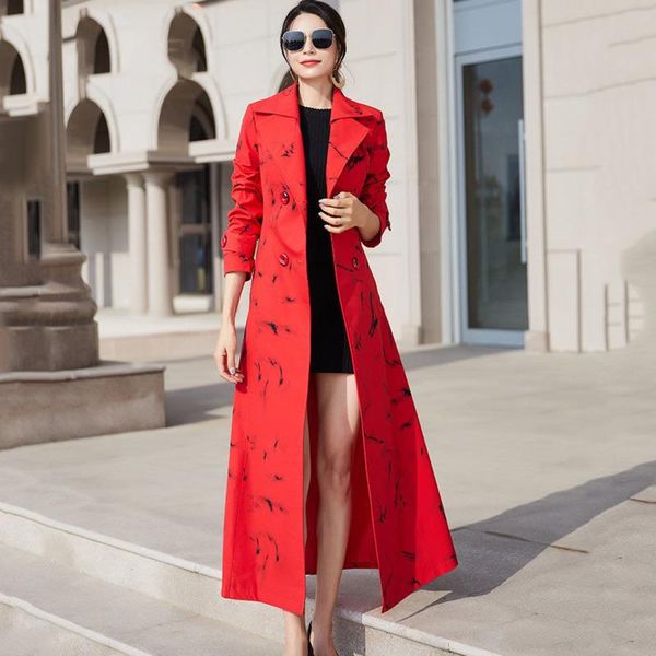 

raincoats spring autumn trench coat double breasted print pockets long windbreaker office lady thin fashion overcoat female, Black