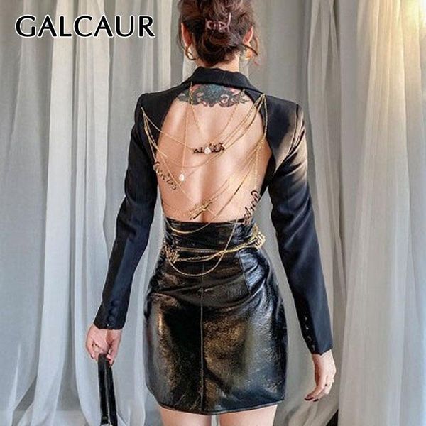 

pants galcaur back patchwotk metal chain women's blazer coat lapel collar long sleeve hollow out for female causal coat fashiont, White